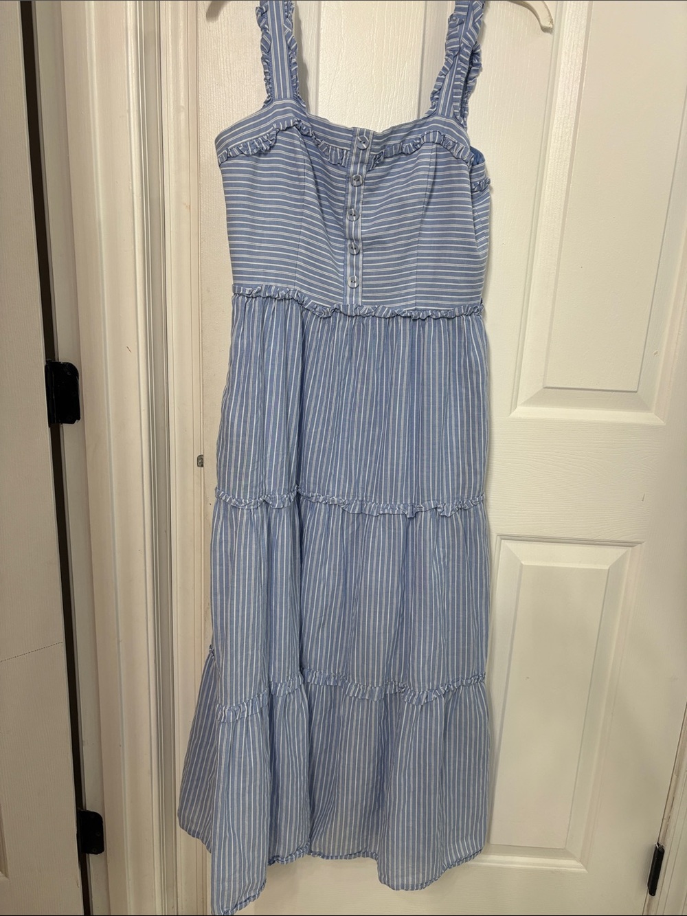 Gal Meets Glam Light Blue & White Striped Tiered Maxi Dress